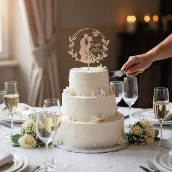 Personalisierter Caketopper aus Birkenholz mit zwei Vornamen und Datum, filigran gelasert und auf einer Hochzeitstorte präsentiert.
